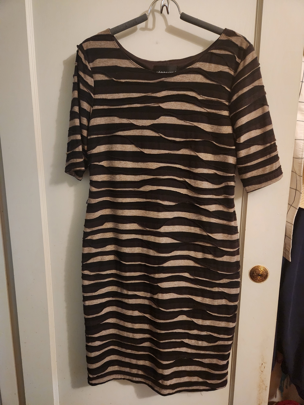 connected apparel Black and Tan Striped Shift Dress